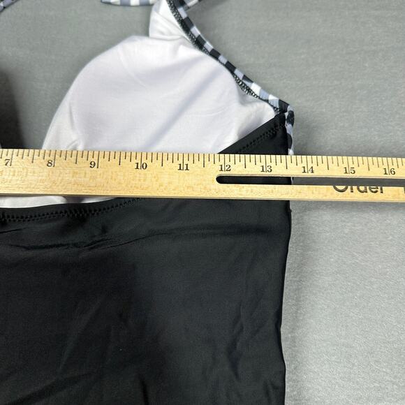 Womens Swimsuit Large Black and White Gingham Halter Tie Deep V Neck One Piece - Picture 3 of 9